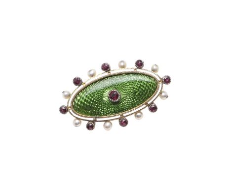 the lozenge-shaped brooch is mounted with lime green guilloche enamel, centred with a circular-cut ruby within a white enamel