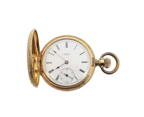 the signed white enamel dial with Roman numerals and subsidiary seconds dial, with foliate engraved decoration to the back an