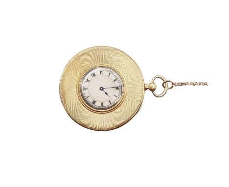 the circular dial with Roman numerals, with foliate engraved movement, with key and gold watch chain, with engine turned deco