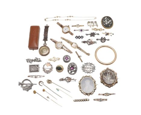 including six assorted gold and gem set brooches, various silver brooches, a pietra dura foliate brooch, two gold wristwatche