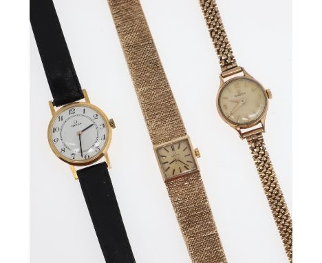 the signed square-shaped dial with baton numerals, the winder with Omega logo, on an integrated gold mesh bracelet with ladde