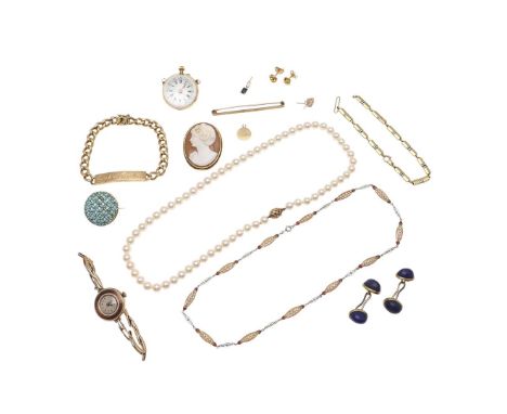 including an 18ct gold identity bracelet, 15.4 grams, an enamel and pearl necklace, a turquoise, diamond and gold circular br
