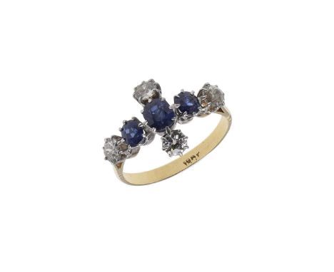 mounted with three oval-shaped sapphires and four circular old-cut diamonds, in 18ct gold, 4.4 grams. Size R 1/2. *Condition: