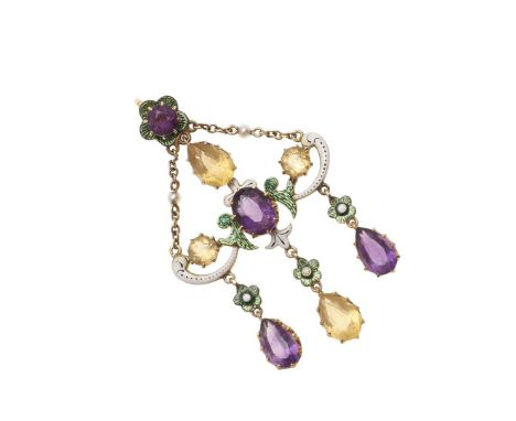 the foliate scrolling mount with white and green enamel decoration and mounted with oval-shaped and circular-cut citrines and