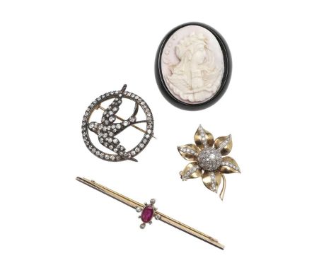set overall with old-cut and rose-cut diamonds in silver and gold, 3.3cm dia., together with a conch pearl shell cameo brooch