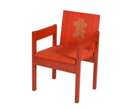 A RED PAINTED ARMCHAIR FROM THE INVESTITURE OF THE PRINCE OF WALESFIRST HALF 1969Designed by the Rt Hon. the 1st Earl of Snow