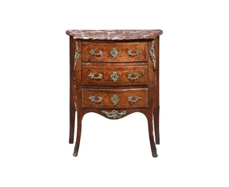 Y A FRENCH KINGWOOD AND MARQUETRY PETIT COMMODE IN LOUIS XV STYLELATE 19TH CENTURYWith marble top above the arrangement of th
