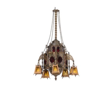 A BRASS HALL LANTERN IN MOROCCAN STYLEEARLY 20TH CENTURYOf facetted form with yellow glass hanging shades88cm high, 55cm wide