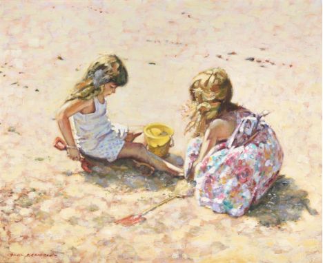 PAUL S. GRIBBLE (BRITISH 20TH CENTURY)GIRLS PLAYING ON THE BEACH WITH BUCKET AND SPADEOil on canvasSigned (lower left)40.2 x 