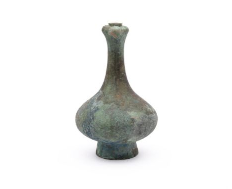 A CHINESE ARCHAIC HAN STYLE BRONZE VASE, hu, The bulbous body rises to a tall cylindrical neck below the mouth which is shape