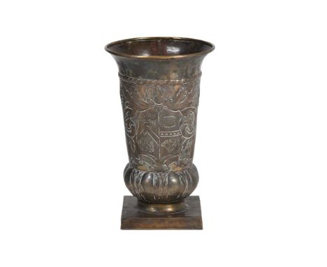 A SILVERED COPPER STICK STANDOf flared trumpet form, the front with armorial60cm high, 37cm diameter