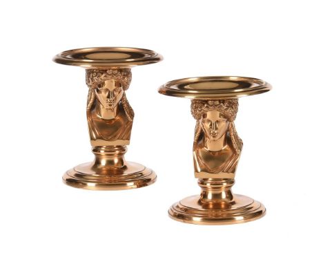 A  PAIR OF POLISHED BRONZE TAZZAS, F. BARBEDIENNELATE 19TH CENTURYEach with dished top above the figural bust support and spr