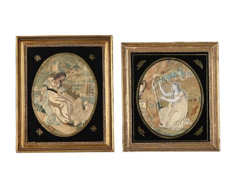 TWO SIMILAR REGENCY SILKWORK PICTURESCIRCA 1815One depicting a harp-player in a landscape, the other a maiden and her flock, 