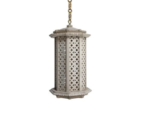 AN ITALIAN PAINTED PLASTER LANTERN 20TH CENTURY  Of octagonal section 81cm high (excluding hanging chain)