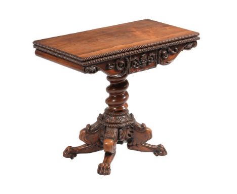 Y AN EARLY VICTORIAN ROSEWOOD CARD TABLEMID 19TH CENTURYPossibly Anglo-Indian, the hinged revolving top enclosing a circular 