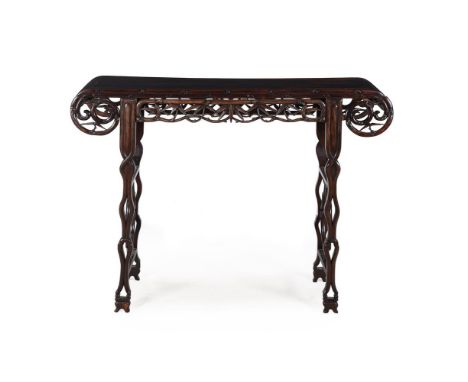 A CHINESE HARDWOOD ALTAR TABLEPROBABLY HONGMUWith pierced frieze and scroll ends101cm high, 137cm wide, 42cm deep  Condition 