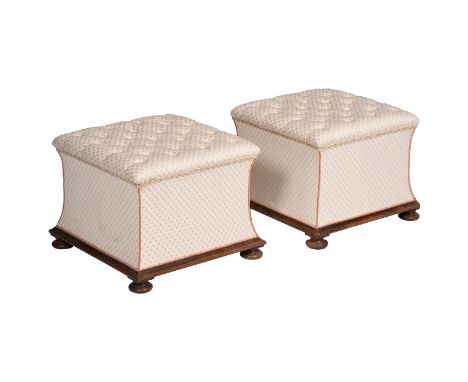 Y A PAIR OF VICTORIAN ROSEWOOD AND UPHOLSTERED STOOLSCIRCA 1850Each with button upholstered tops41cm high, 48cm wide, 48cm de