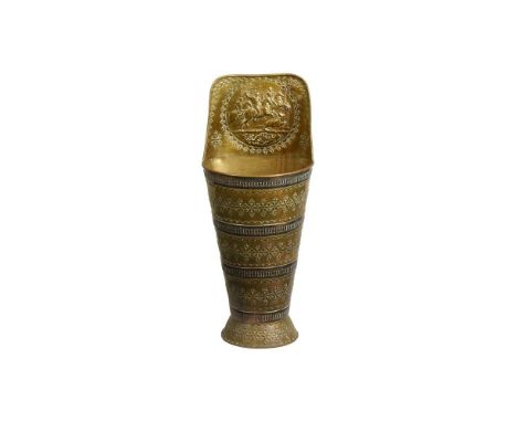 A VICTORIAN EMBOSSED BRASS AND COPPER COAL HOD OR STICK STANDCIRCA 1880The raised back decorated with a hunting scene above t