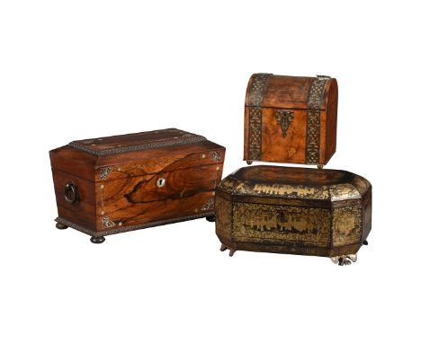 Y A GROUP OF THREE VARIOUS BOXES AND TEA CADDIESVARIOUS DATES 19TH CENTURYComprising a Chinese export black lacquer and parce