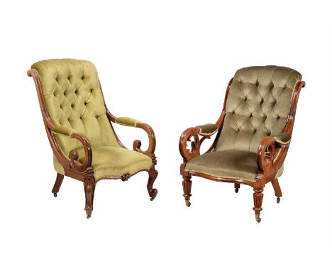 A WILLIAM IV MAHOGANY OPEN ARMCHAIR AND A SIMILAR EARLY VICTORIAN OPEN ARMCHAIRSECOND QUARTER 19TH CENTURYEach with a button 