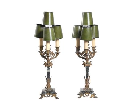 A PAIR OF FRENCH GILT METAL (PROBABLY SPELTER) MOUNTED FOUR LIGHT CANDELABRALATE 19TH CENTURY In Egyptian revival tasteEach 6
