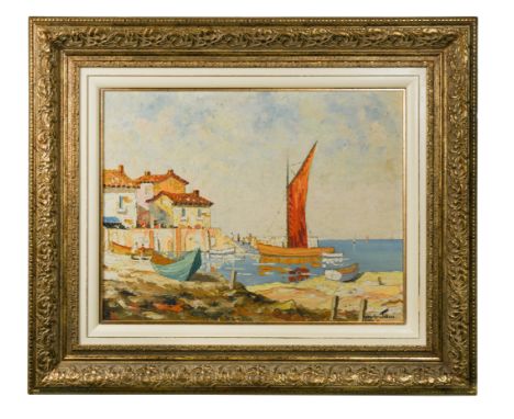 Fishing boat off the French coast signed 'Doyly. John' (lower right) oil on board 49 x 64cmCondition report: Oil on hardboard