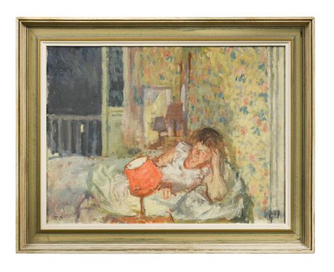 Reading in Bed signed with initials (lower left) oil on board 29.5 x 39.5cmFootnote: Provenance: Acquired directly from the a