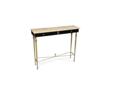 the solid travertine top above a black frieze with gilt-metal embellishments raised on slender lacquered-brass legs and cross