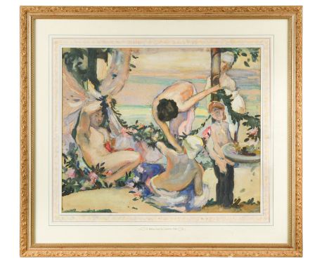 A Bathing Party watercolour and bodycolour 51 x 61cm; together with a preparatory sketch signed 'M. Wells' (lower left) mixed