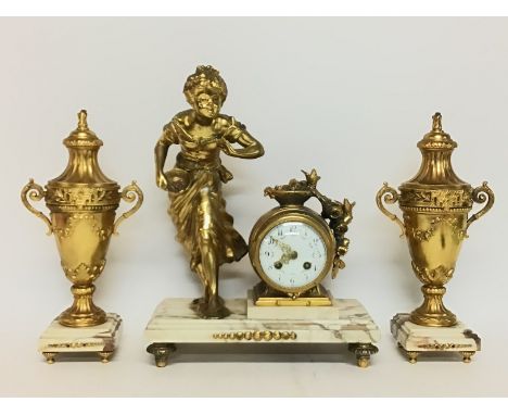 Marble and Brass Clock garniture, with a mounted brass figure of a girl and floral decoration. postage cat D