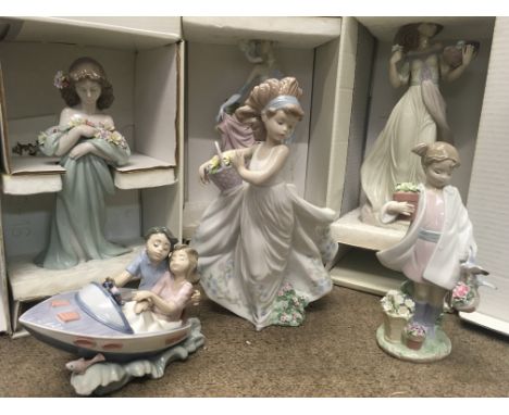 Six boxed Lladro figures including Flral path, Dama Charleston, Autumn Romane and others. together with two Nao boxed figures