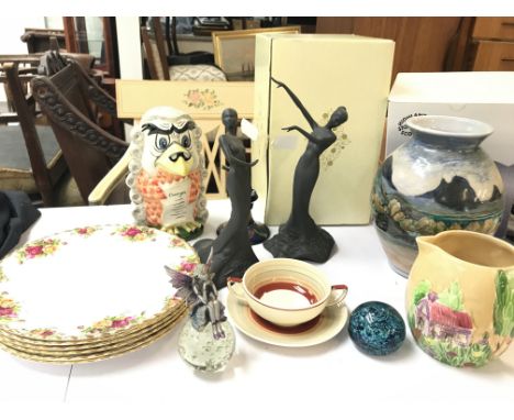 A collection of ceramics including Royal Albert Old country rose plates, Coalport Music and Dance Staccato boxed figures, box