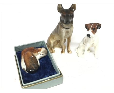Ceramic dog figures including a Beswick Alsatian, Royal Doulton Fox Terrier & brooch. No obvious damage Postage category D
