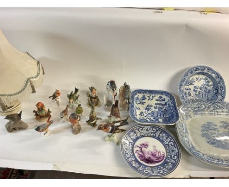Collective lot of ceramics including Goebel figures a lamp which shows signs of extensive repair and blue and white plates. P