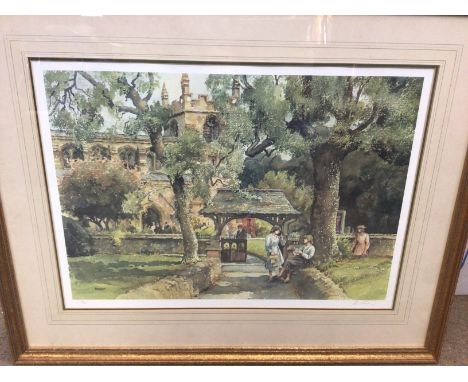 A framed pastel and print of a church party entrance. 78x63cm .Postage D