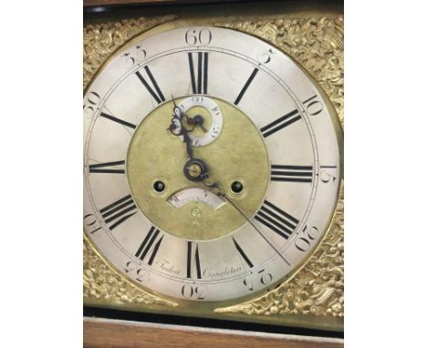 A oak eight day long case clock the brass dial with Roman numerals Foden Congleton