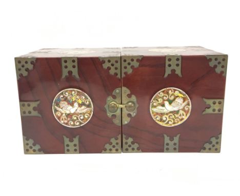 Wooden Asian folding jewellery box with mother of pearl inlays, with four drawers. Box dimensions- 12x24x12cm. Postage catego