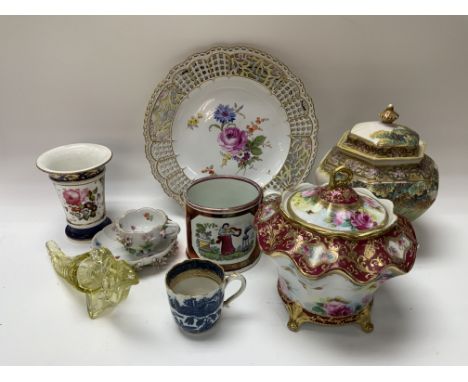 Mixed ceramic lot. To include 2 Noritake porcelain sugar jars, Meissen porcelain hand painted ribbon plate, Victorian Newcast