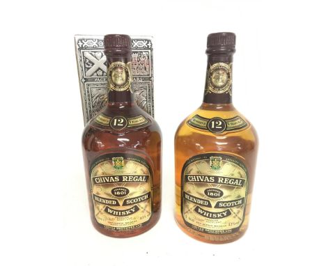 A pair of Chivas Regal aged 12 years blended scotch whisky bottles, one boxed.