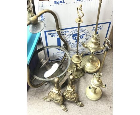 Three brass students lamps, PR firedogs and Victorian hanging lamp