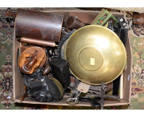 A collection of copper and brassware to include: copper kettle, coal fork, pewter mug, scales, etc (one box) 