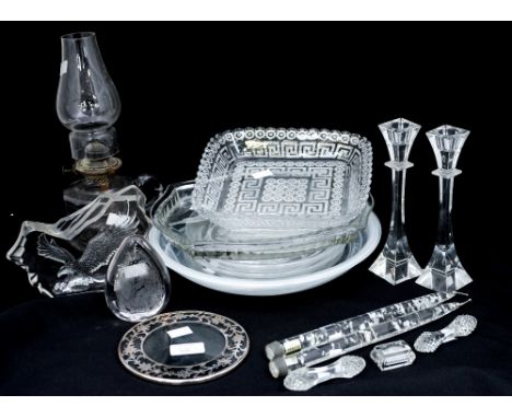 A Leroc reg design plaque with etched cut out crane (Czechoslovakia) two knife rests and salts, Art glass dish, a pair of Kna