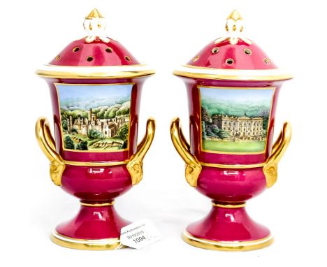 A pair of limited edition Spode pot pourri vases 'The Chatsworth Vase', No. 44/250 and 'The Haddon Vase', No. 44/250, both wi