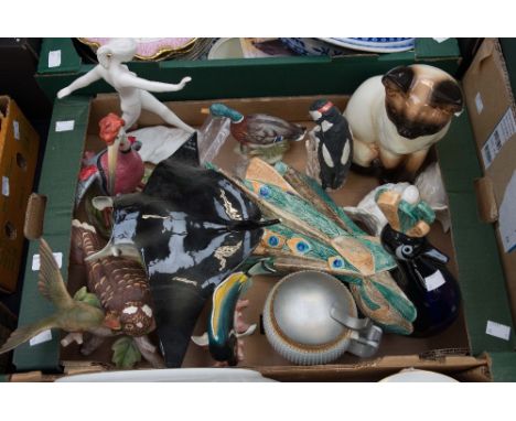 A collection of Goebel porcelain to include a stingray, cat, birds, fish, peacock, turkeys, lady, etc (one box) 