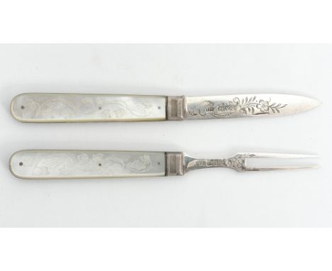 A mother of pearl and silver folding fruit set, Sheffield silver blade 1844 A. Hatfield; matching fork (2) 
