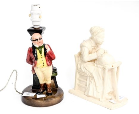 A Bretby china Mr Pickwick lamp base; together with a 19th Century figurine - Buckinghamshire lace maker (2) 