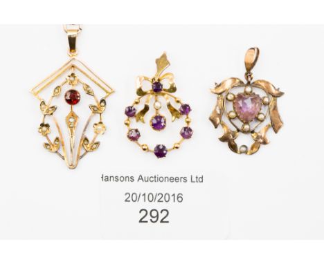 An Edwardian pendant set with garnet and seed pearls, marked 9ct with yellow metal chain; together with an amethyst and seed 