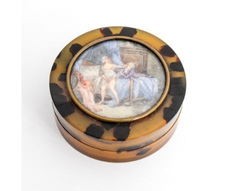 A 19th Century tortoiseshell circular snuff box, the lid with watercolour 