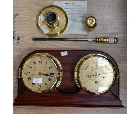 A reproduction ships barometer and clock with certificate, along with a collection of brassware 
