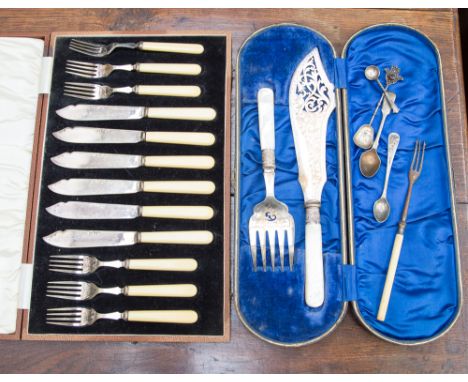 A cased EPNS mother of pearl handled set of fish servers, with a cased set of EPNS cutlery and further EPNS flatware 